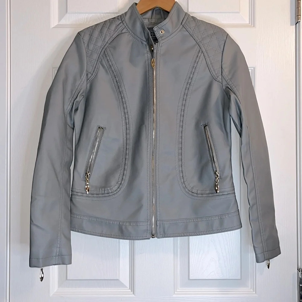 NXH faux leather jacket women S or XS gray moto style light gold tone hardware